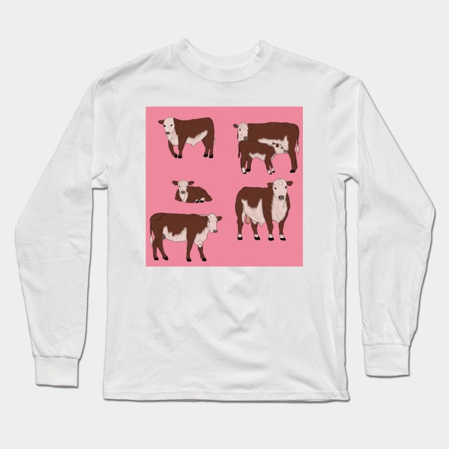 Hereford Cattle Pattern Pink Long Sleeve T-Shirt by TrapperWeasel